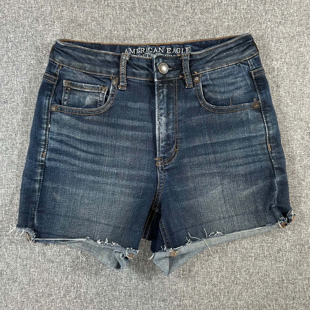 American Eagle Super Stretch High Waisted Denim Shorts Dark Wash Raw Hem Size 4